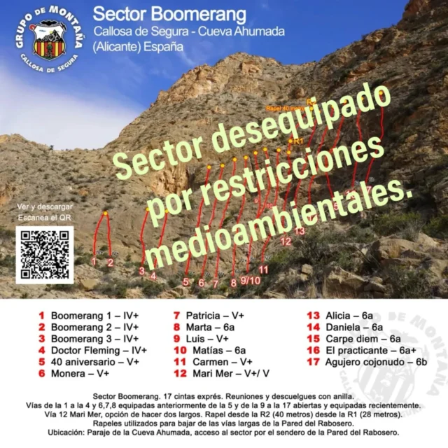 ATENCIÓN.
Sector desequipado por restricciones medioambientales.
Restricciones por la micro reserva de flora del Rabosero. Tanto este sector como la pared del Rabosero (vías largas).
La Escuela vieja, La pared del Polígono y La Vía Ferrata, se pueden escalar sin problema.
Un saludo a todos y todas.